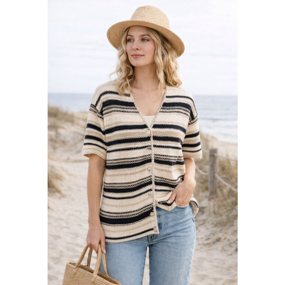 Striped Knit Cardigan Short Sleeve Black Cream Coastal Nautical Button Front Med